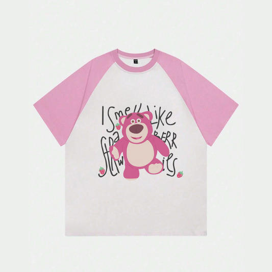 ESC BUTİK Beyaz Unisex Pembe Reglan Cute Bear T-Shirt