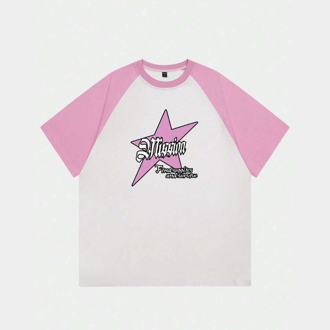 ESC BUTİK Beyaz Unisex Pembe Reglan Mission Star T-Shirt