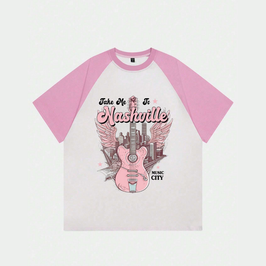 ESC BUTİK Beyaz Unisex Pembe Reglan Nashville T-Shirt