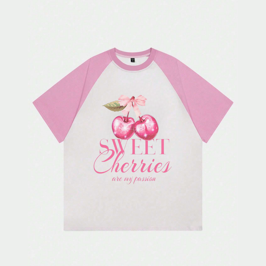 ESC BUTİK Beyaz Unisex Pembe Reglan Sweet Cherries T-Shirt