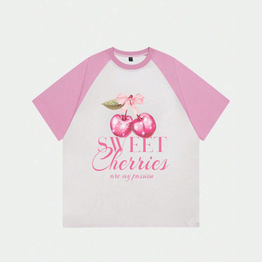 ESC BUTİK Beyaz Unisex Pembe Reglan Sweet Cherries T-Shirt