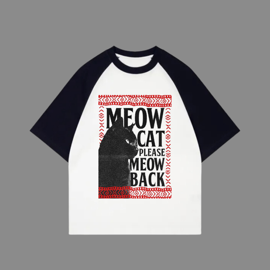 ESC BUTİK Beyaz Unisex Siyah Reglan Meow Cat T-Shirt