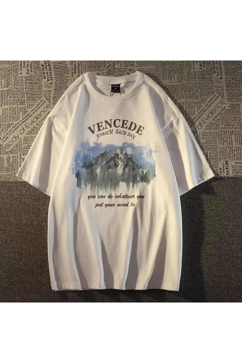 ESC BUTİK Beyaz Vencede Baskılı Oversize T-Shirt