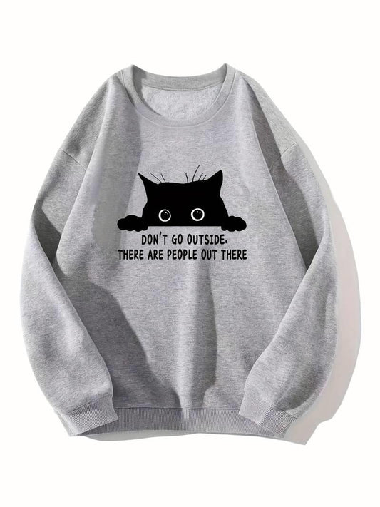 ESC BUTİK Black Cat Baskılı Gri Unisex Oversize Bisiklet Yaka Sweatshirt