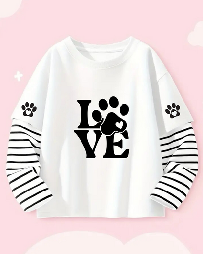 ESC BUTİK Love Cat Fake Sleeves Unisex Uzun Kollu Beyaz T-Shirt