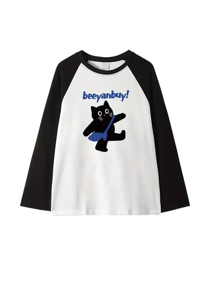 ESC BUTİK Black Cat Reglan Uzun Kollu Baskılı Beyaz T-Shirt