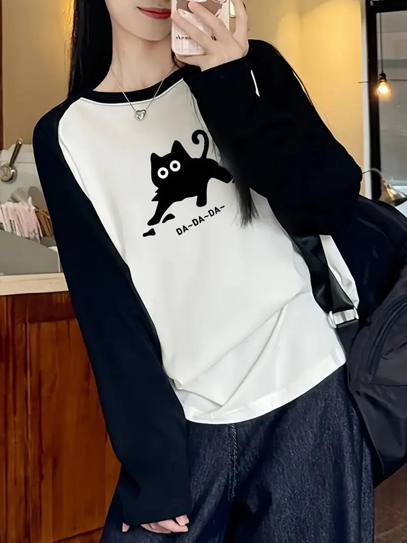 ESC BUTİK Black Cat Reglan Uzun Kollu Baskılı Beyaz T-Shirt