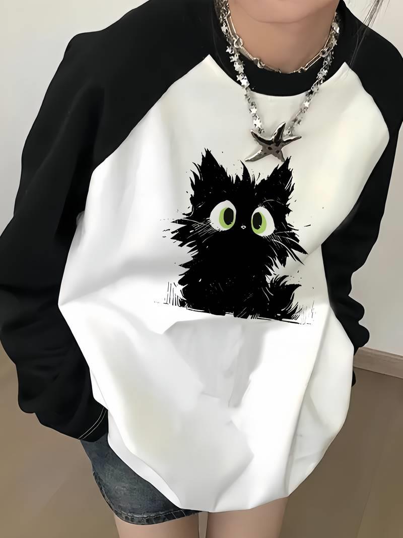 ESC BUTİK Black Cat Reglan Uzun Kollu Baskılı Beyaz T-Shirt