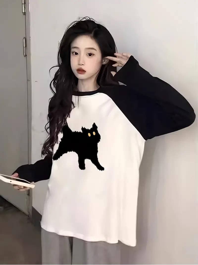 ESC BUTİK Black Cat Reglan Uzun Kollu Baskılı Beyaz T-Shirt