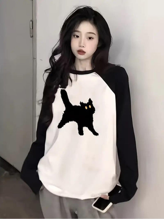 ESC BUTİK Black Cat Reglan Uzun Kollu Baskılı Beyaz T-Shirt