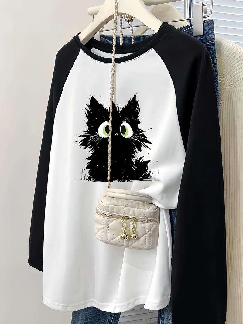 ESC BUTİK Black Cat Reglan Uzun Kollu Baskılı Beyaz T-Shirt