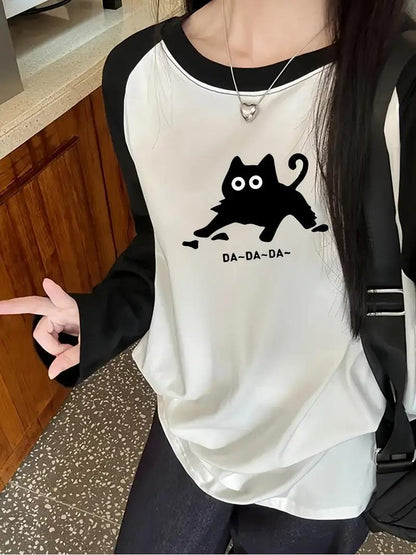 ESC BUTİK Black Cat Reglan Uzun Kollu Baskılı Beyaz T-Shirt