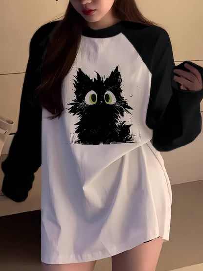 ESC BUTİK Black Cat Reglan Uzun Kollu Baskılı Beyaz T-Shirt