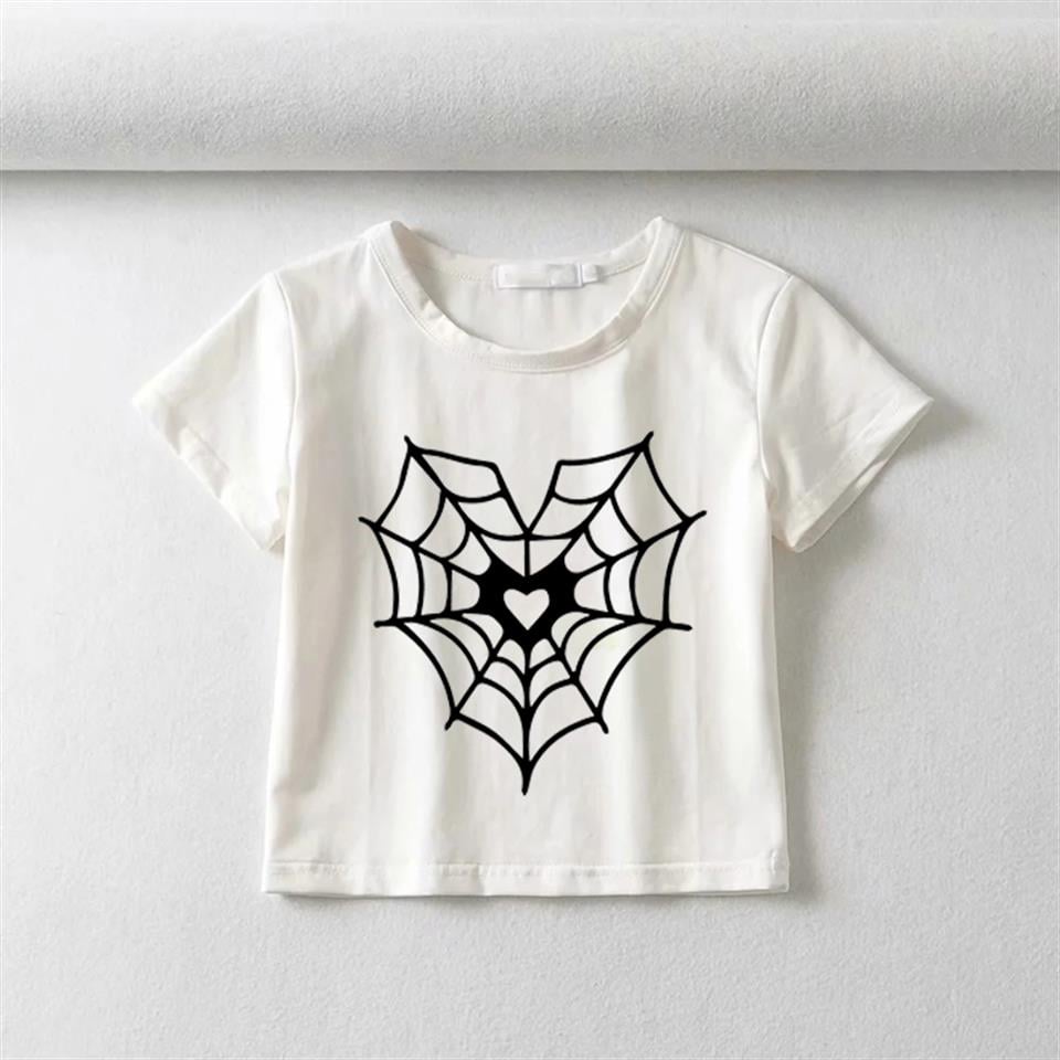 ESC BUTİK Black Heart Web Baskılı Beyaz Crop