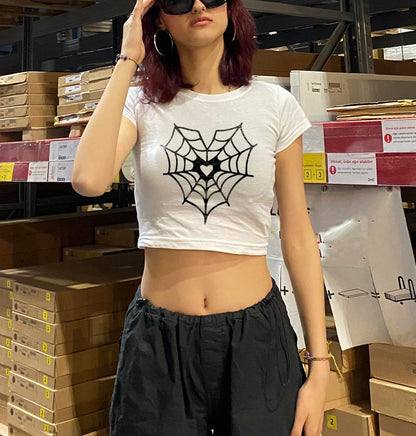 ESC BUTİK Black Heart Web Baskılı Beyaz Crop