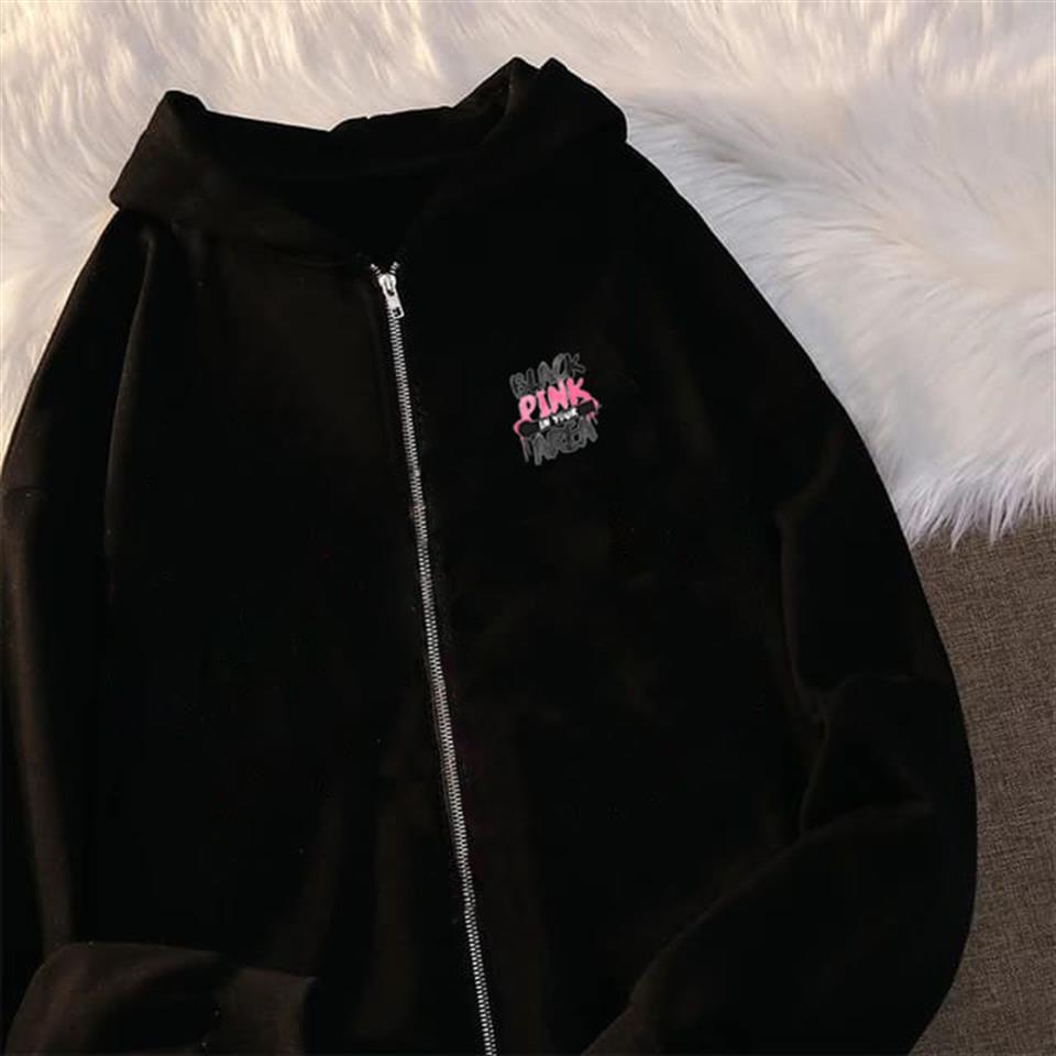 ESC BUTİK Black Pink Baskılı Oversize Fermuarlı Siyah Unisex Kapüşonlu Hırka