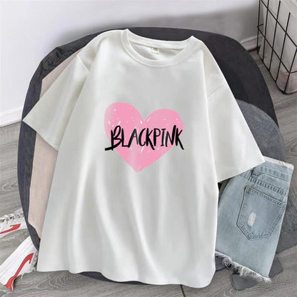 ESC BUTİK Black Pink Heart Baskılı Beyaz Unisex Oversize T-shirt