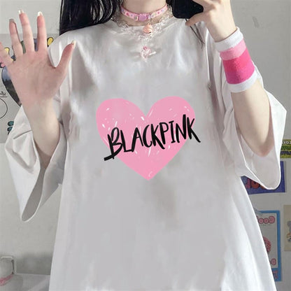 ESC BUTİK Black Pink Heart Baskılı Beyaz Unisex Oversize T-shirt