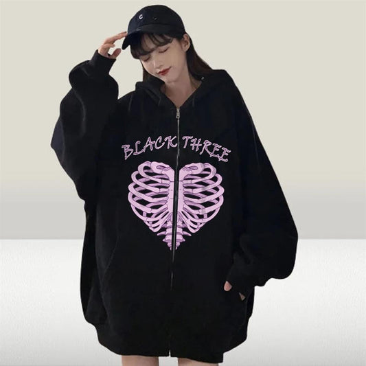 ESC BUTİK Black Three Cage Heart Baskılı Oversize Fermuarlı Siyah Unisex Kapüşonlu Hırka