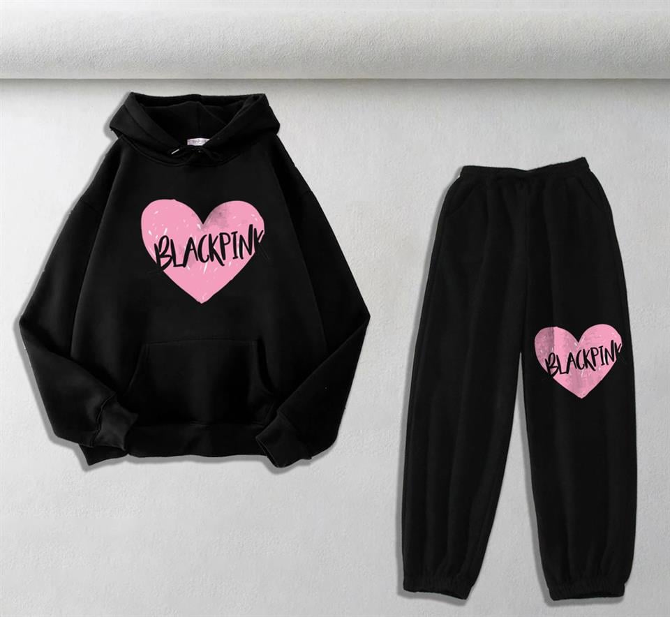 ESC BUTİK Blackpink Baskılı Siyah Oversize Kapüşonlu Sweatshirt & Eşofman Altı Unisex İkili Takım