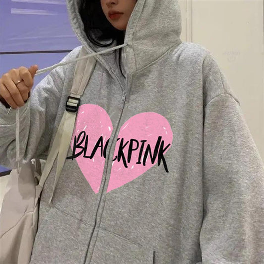 ESC BUTİK Blackpink Heart Baskılı Oversize Fermuarlı Gri Unisex Kapüşonlu Hırka