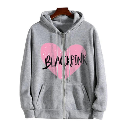 ESC BUTİK Blackpink Heart Baskılı Oversize Fermuarlı Gri Unisex Kapüşonlu Hırka