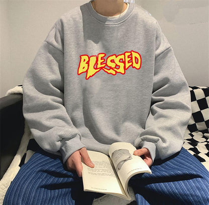 ESC BUTİK Blessed Baskılı Gri Unisex Oversize Bisiklet Yaka Sweatshirt