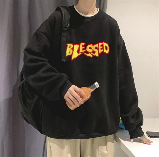 ESC BUTİK Blessed Baskılı Siyah Unisex Oversize Bisiklet Yaka Sweatshirt