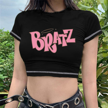 ESC BUTİK Bratz Baskılı Ters Dikiş Siyah Crop