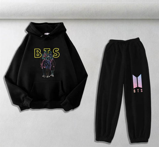 ESC BUTİK BTS Baskılı Siyah Oversize Kapüşonlu Sweatshirt & Eşofman Altı Unisex İkili Takım