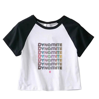 ESC BUTİK BTS Dynamite Baskılı Reglan Kol Beyaz Crop