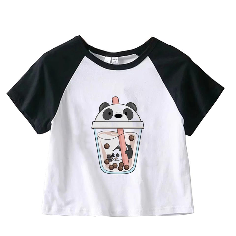 ESC BUTİK Buddy Bears Panda Baskılı Reglan Kol Beyaz Crop