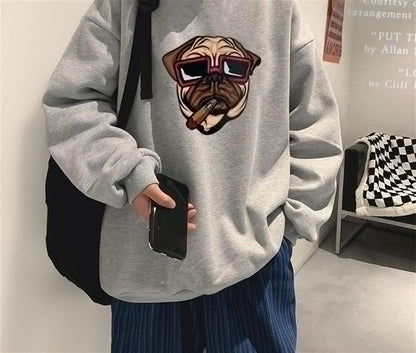 ESC BUTİK Bulldog Baskılı Gri Unisex Oversize Bisiklet Yaka Sweatshirt