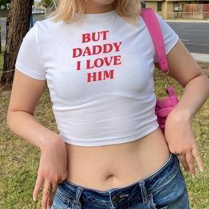 ESC BUTİK 'But Daddy I Love Him' Baskılı Beyaz Crop