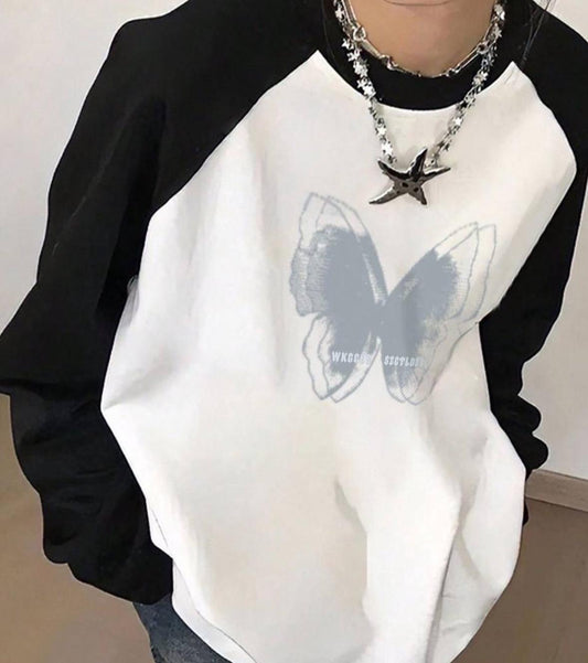 ESC BUTİK Butterfly Detay Reglan Uzun Kollu Beyaz T-Shirt