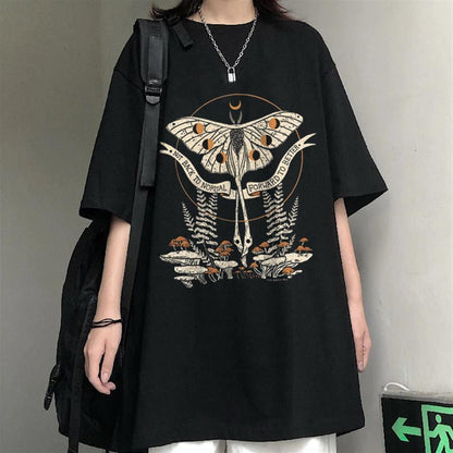 ESC BUTİK Butterfly & Mushrooms Siyah Unisex Oversize T-shirt