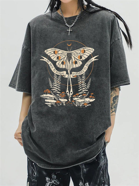 ESC BUTİK Butterfly & Mushrooms Yıkmalı Unisex Eskitme T-shirt