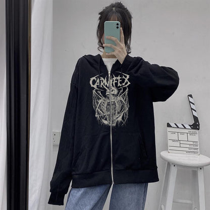 ESC BUTİK Carnifex Baskılı Oversize Fermuarlı Siyah Unisex Kapüşonlu Hırka