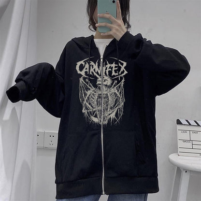 ESC BUTİK Carnifex Baskılı Oversize Fermuarlı Siyah Unisex Kapüşonlu Hırka