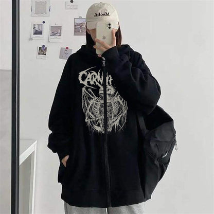 ESC BUTİK Carnifex Baskılı Oversize Fermuarlı Siyah Unisex Kapüşonlu Hırka