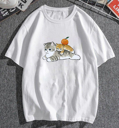 ESC BUTİK Cats & Orange Beyaz Unisex Oversize T-shirt