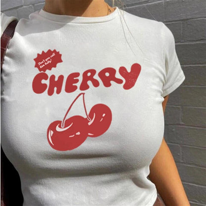 ESC BUTİK Cherry Baskılı Beyaz Crop