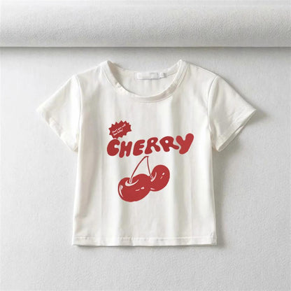 ESC BUTİK Cherry Baskılı Beyaz Crop