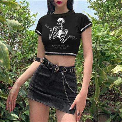 ESC BUTİK Confused Skull Baskılı Ters Dikiş Siyah Crop