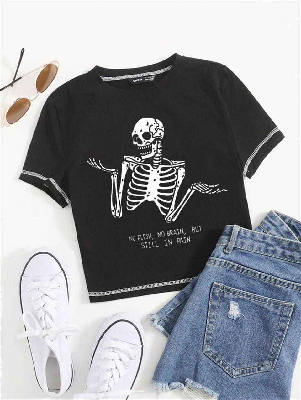 ESC BUTİK Confused Skull Baskılı Ters Dikiş Siyah Crop