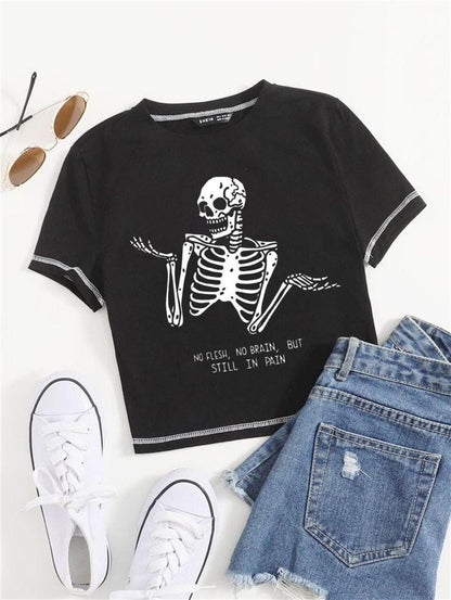 ESC BUTİK Confused Skull Baskılı Ters Dikiş Siyah Crop