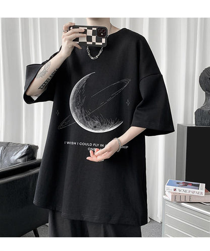 ESC BUTİK Crescent Saturn Baskılı Siyah Unisex Oversize T-shirt