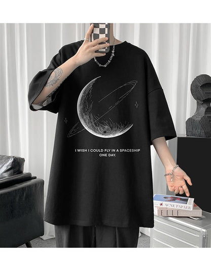 ESC BUTİK Crescent Saturn Baskılı Siyah Unisex Oversize T-shirt