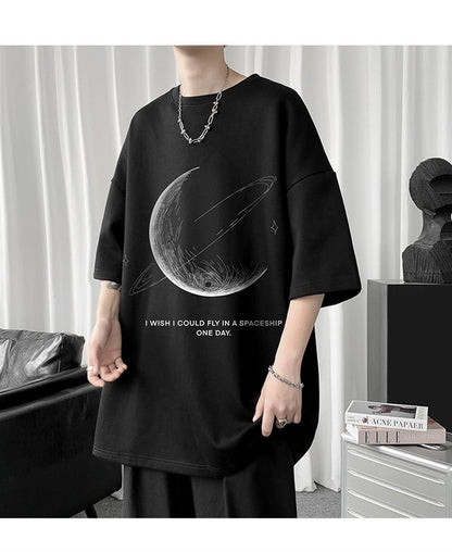 ESC BUTİK Crescent Saturn Baskılı Siyah Unisex Oversize T-shirt