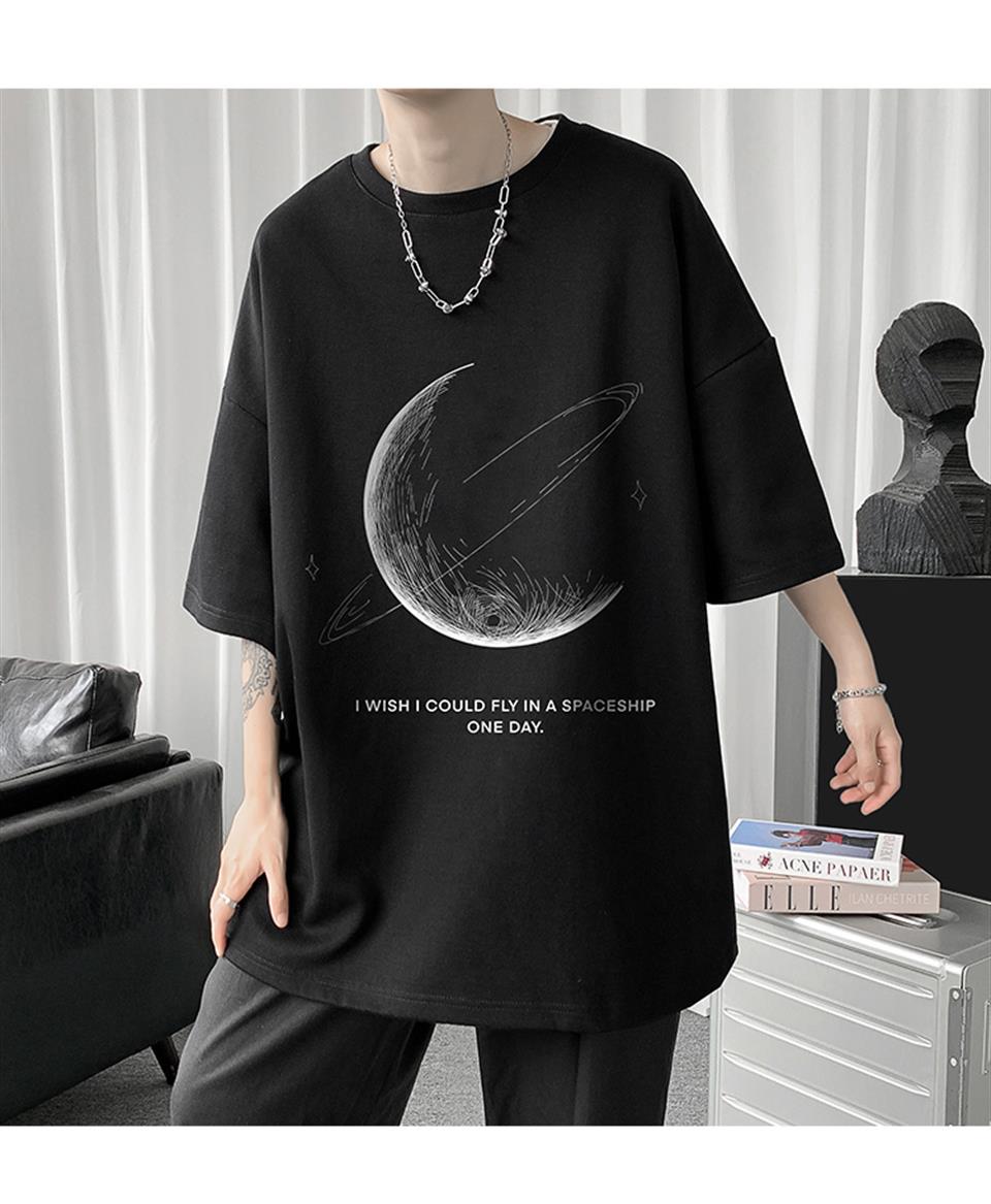 ESC BUTİK Crescent Saturn Baskılı Siyah Unisex Oversize T-shirt